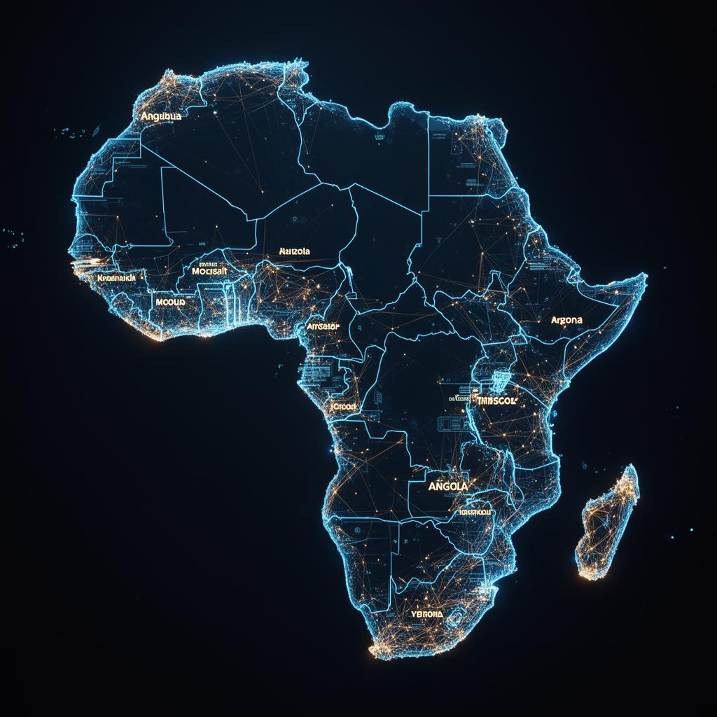 Mapa de Angola com conexões digitais